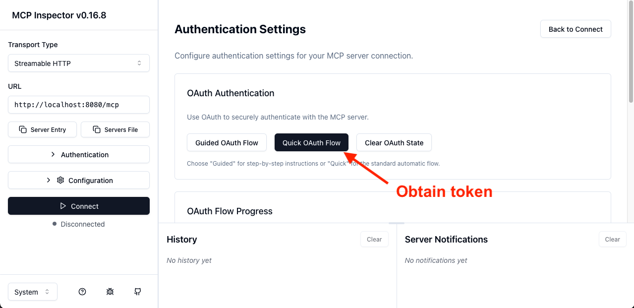 MCP inspector screenshot: Authentication Settings page