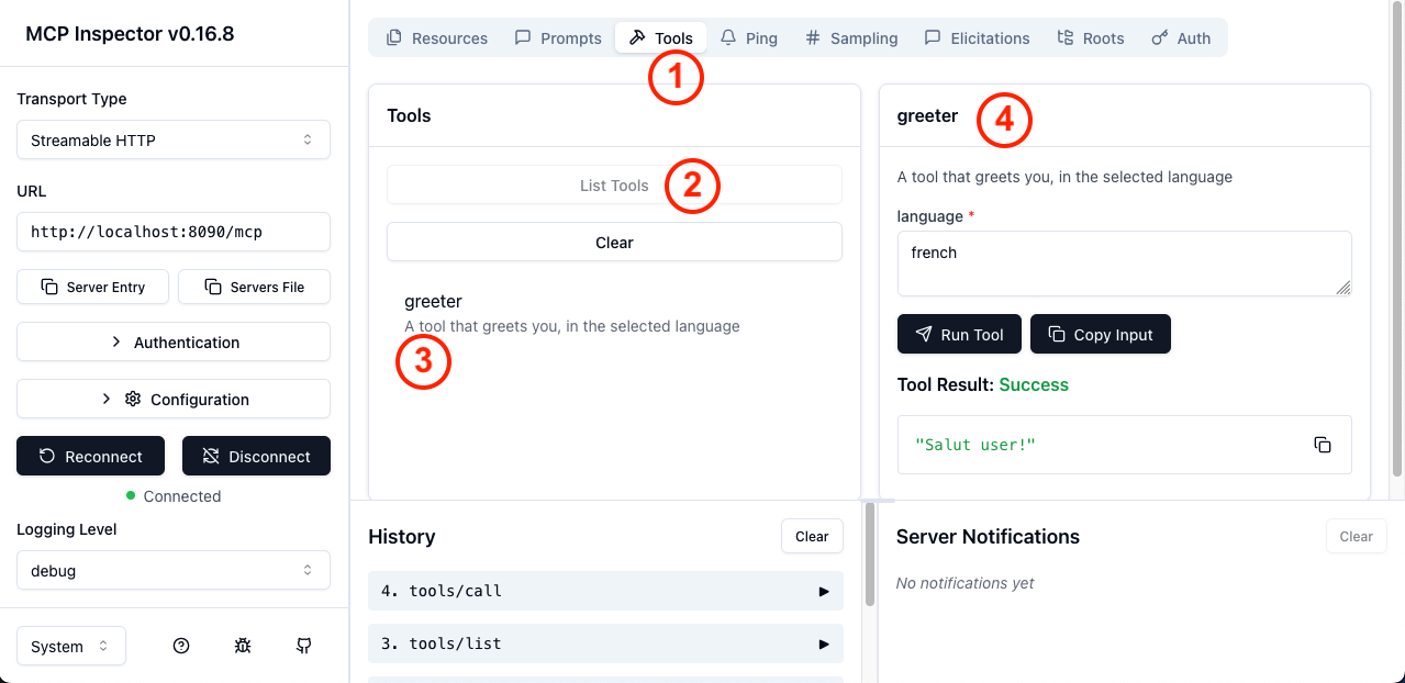 MCP inspector screenshot: Call tool page