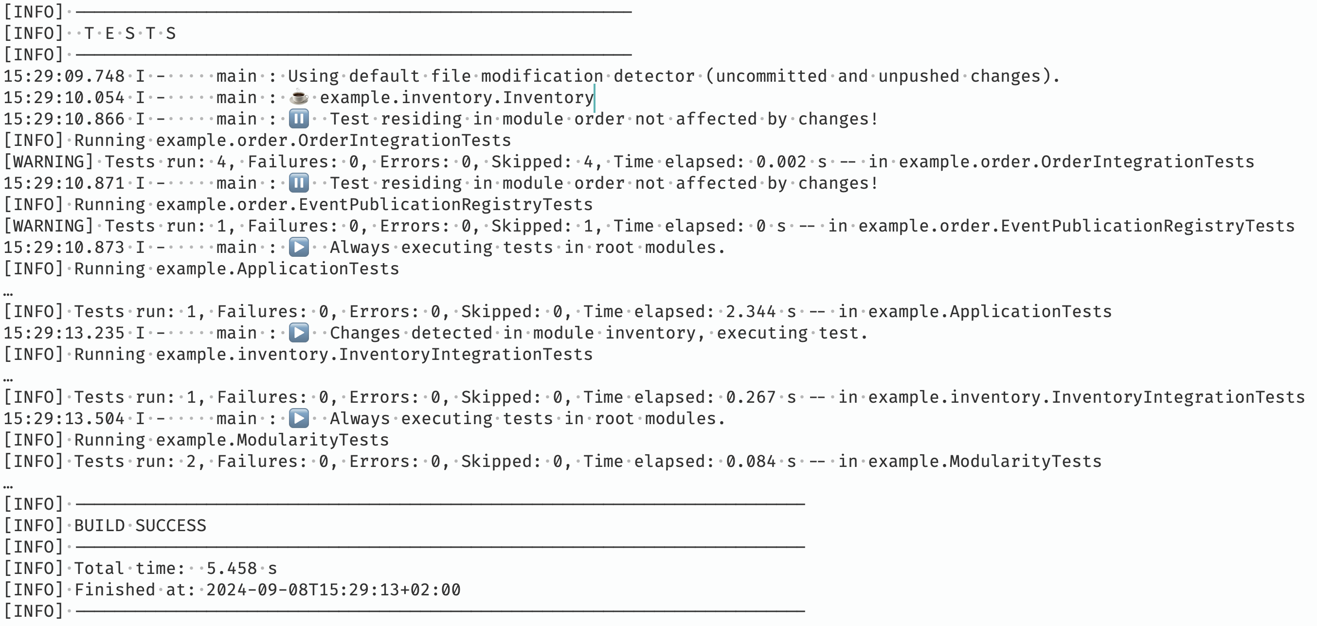 Some console output showing tests being skipped that would test functionality not affected by the current changes made to the repository